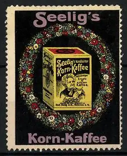 Reklamemarke Seelig's kandierter Kornkaffee, Verpackung im Blumenkranz