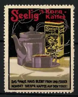 Reklamemarke Seelig's kandierter Kornkaffee, Kaffeekanne & Kaffeeverpackung