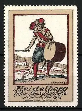 Künstler-Reklamemarke Ivo Puhonny, Heidelberg, historische Schlossfeste 1913, Trommler