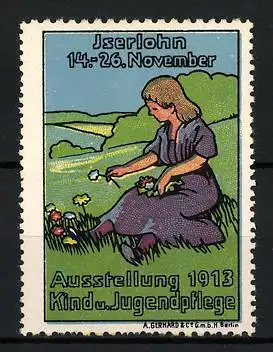 Reklamemarke Iserlohn, Ausstellung Kind u. Jugendpflege 1913, Mädchen beim Blumenpflücken