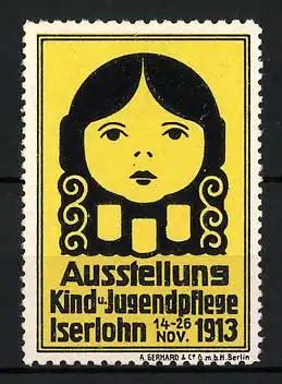 Reklamemarke Iserlohn, Ausstellung Kind u. Jugendpflege 1913, Kinderkopf