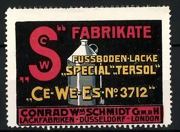 Reklamemarke Tersol Special-Fussboden-Lacke, Lackfabriken Conrad W. Schmidt, Düsseldorf, Buchstabe S & Flasche