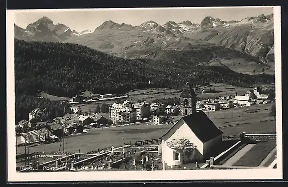 AK Pontresina, Ortsansicht mit Piz Julier und Kirche