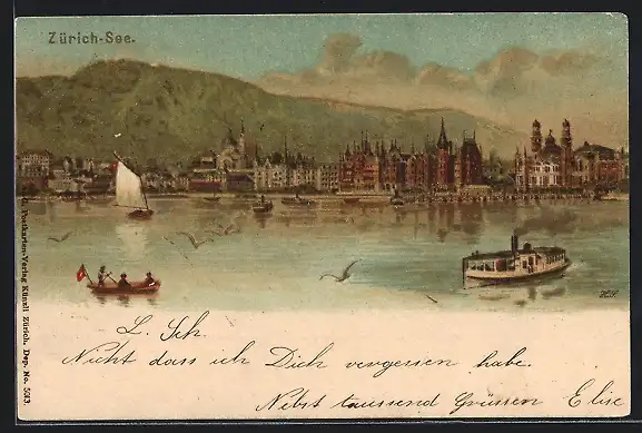 Lithographie Zürich, Stadtansicht vom Zürichsee her, Dampfer