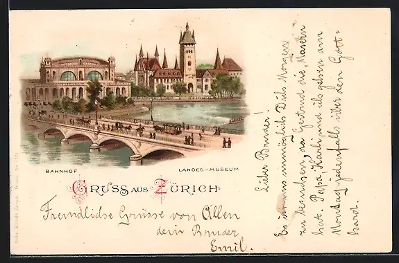 Lithographie Zürich, Bahnhof und Landesmuseum