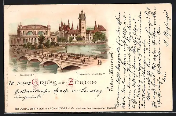 Lithographie Zürich, Landesmuseum und Bahnhof