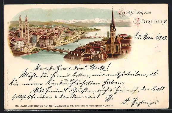Lithographie Zürich, Teilansicht mit Kirche und Brücken