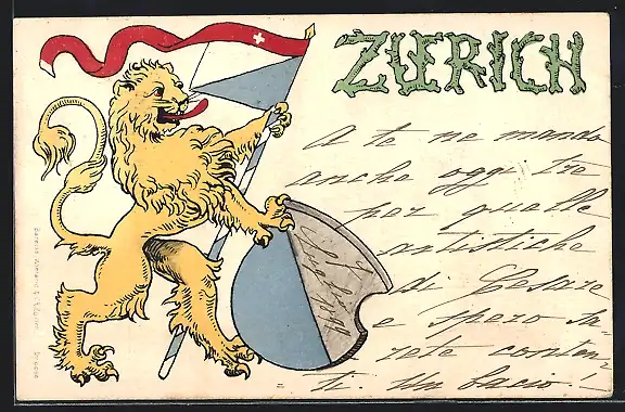 Lithographie Zürich, Löwenfigur mit Fahne und Wappen