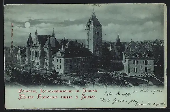 Mondschein-AK Zürich, Landesmuseum aus der Vogelschau