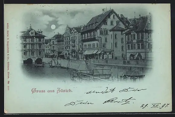 Mondschein-AK Zürich, Ortspartie mit Geschäften