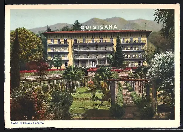 AK Locarno, Hotel Quisiana mit Garten aus der Vogelschau