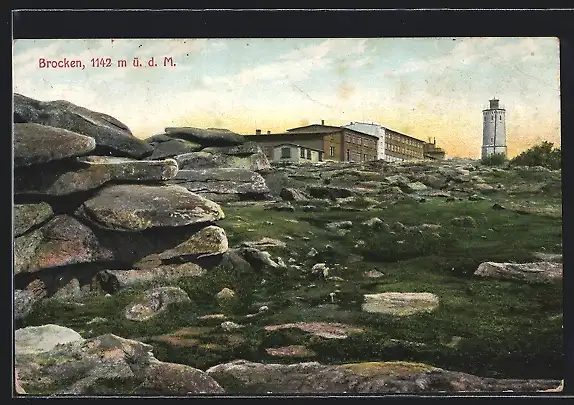 AK Brocken, Ortspartie mit Gebäuden, Turm