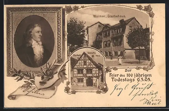 AK Portrait von Friedrich Schiller mit seinem Geburts- und Sterbehaus