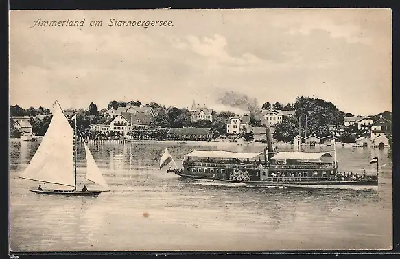 AK Ammerland /Starnbergersee, Ortsansicht mit Dampfer