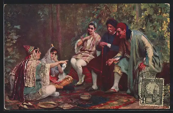 AK Juifs à un jour de fete, Jüdische Männer und Frauen im Gespräch