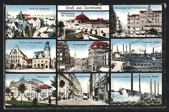 AK Dortmund, Ortsansicht, Hauptbahnhof mit Freistuhl, Hochöfen Hösch, Westenhellweg