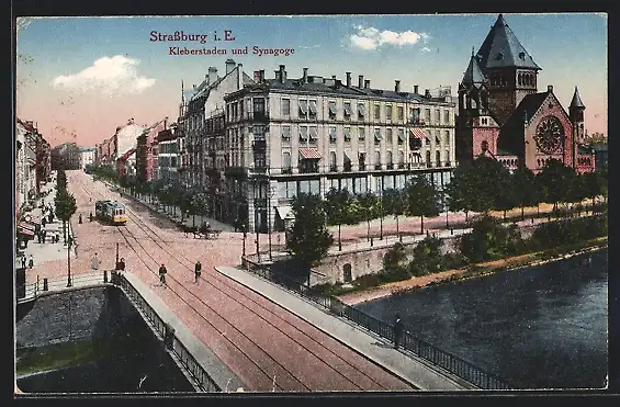 AK Strassburg, Synagoge und Kleberstaden, Strassenbahn