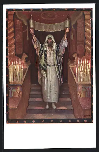 AK Rabbiner mit erhobener Thora-Rolle in der Synagoge