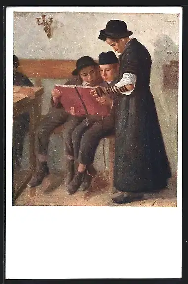 Künstler-AK Drei jüdische Kinder lesen ein Buch