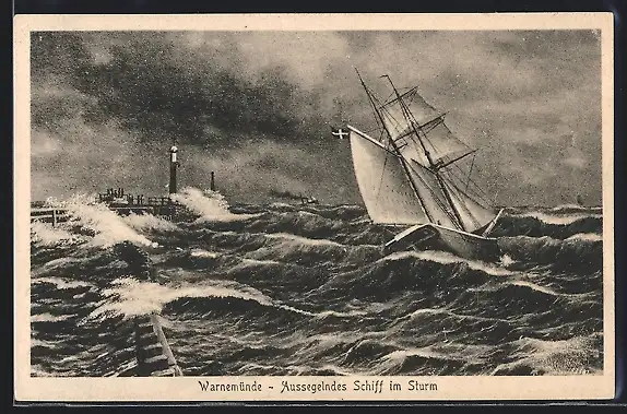 AK Warnemünde, Aussegelndes Schiff im Sturm