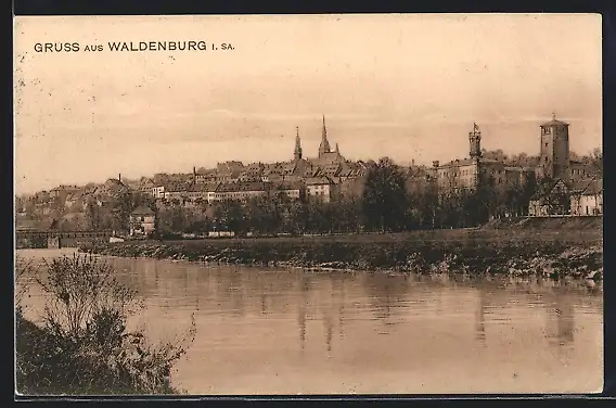 AK Waldenburg /Sa., Panorama mit Fluss