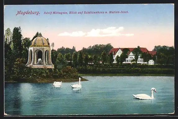 AK Magdeburg, Adolf Mittagsee, Blick auf Schützenhaus und Marien-Insel