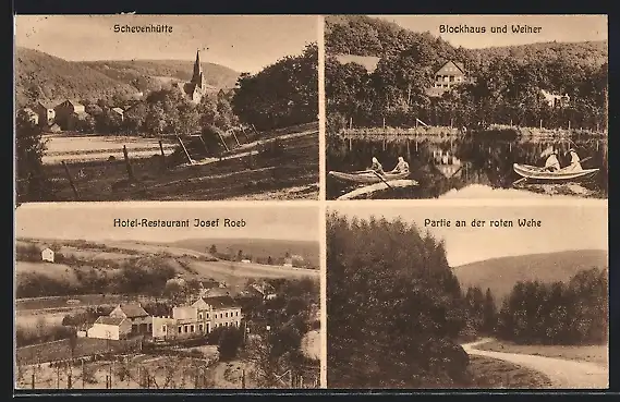 AK Schevenhütte bei Langerwehe, Hotel-Restaurant Josef Roeb, Blockhaus und Weiher, Totalansicht
