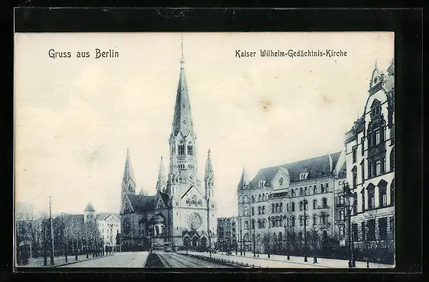 AK Berlin-Charlottenburg, Kaiser Wilhelm-Gedächtnis-Kirche mit Strassenbahn