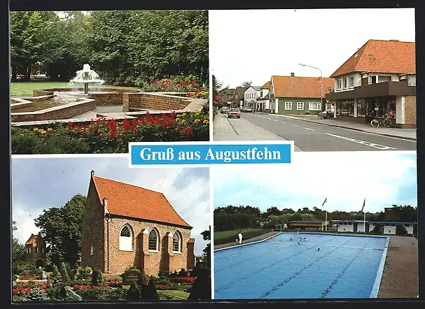 AK Augustfehn, Park mit Springbrunnen, Kirche und Friedhof, Schwimmbad