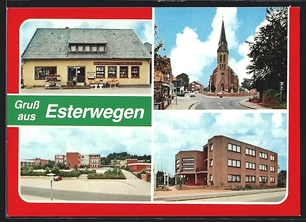 AK Esterwegen, Ortspartie, Strassenpartie, Blick zur Kirche, Ladengeschäft für Geschenkartikel u. Porzellan