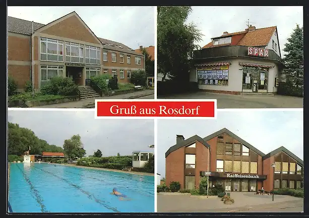 AK Rosdorf b. Göttingen, Spar-Markt, Gemeindeverwaltung, Schwimmbad und Raiffeisenbank