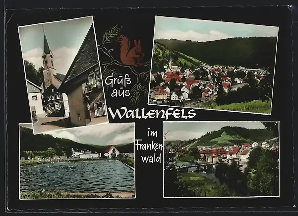 AK Wallenfels / Frankenwald, Gesamtansicht, Schwimmbad und Blick zur Kirche