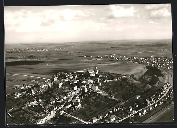 AK Oberelchingen b. Ulm, Teilansicht mit Kirche, Fliegeraufnahme