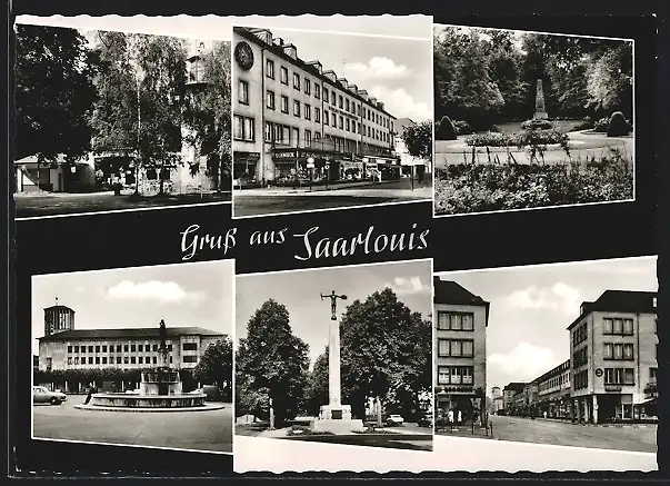 AK Saarlouis, Strassenpartie mit Geschäften, Denkmal, Brunnen