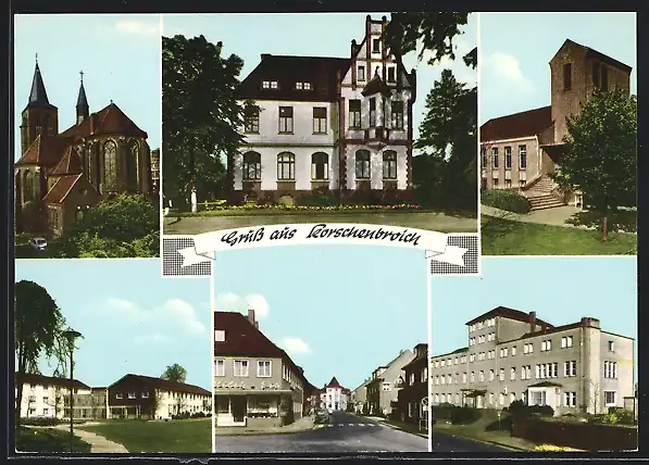 AK Korschenbroich, Strassenpartie mit Eisdiele, Kirche, Ortspartie