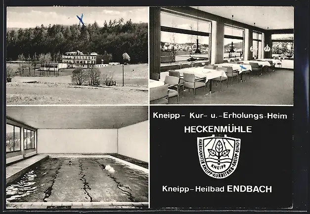 AK Endbach, Kneipp- Kur- und Erholungs-Heim Heckenmühle, Innenansichten Gastraum und Schwimmbad