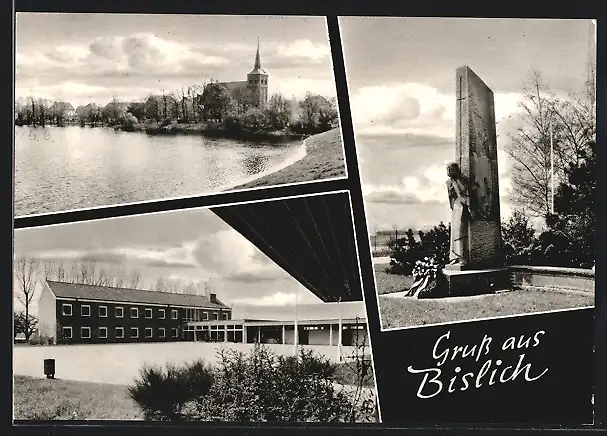 AK Bislich, Gebäudeansicht, Uferpartie mit Kirche, Denkmal