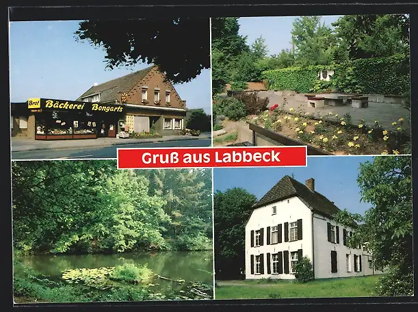 AK Labbeck-Sonsbeck, Bäckerei und Lebensmittel H. und G. Bongarts, Gebäudeansicht, Uferpartie