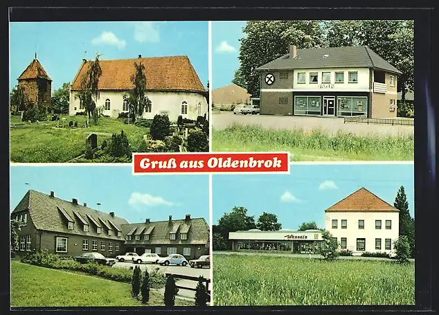 AK Oldenbrok, Blick nach der Kirche, Bank, Gemischtwaren Wessels