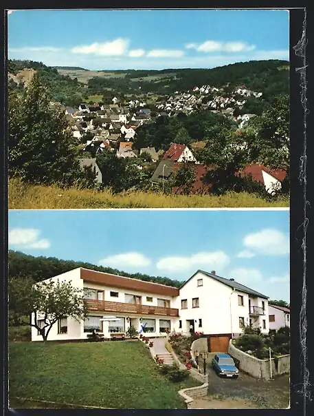 AK Donsbach /Westerwald, Hotel-Pension Henrich, Blick über den Ort zur Hardt