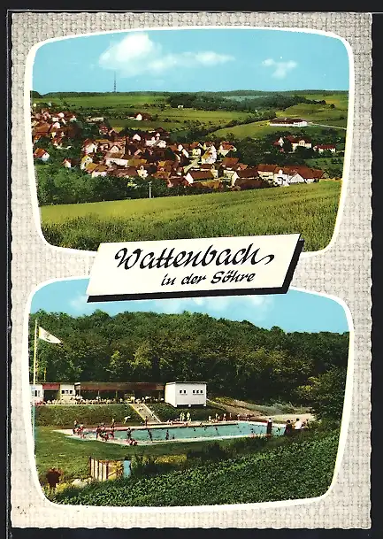 AK Wattenbach in der Söhre, Gasthaus Zum Söhrewald Manf. v. Schumann, Schwimmbecken