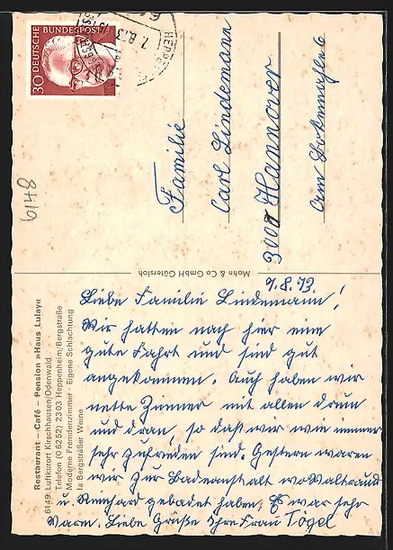 AK Kirschhausen /Odenwald, Restaurant-Cafe-Pension Haus Lulay, Innenansicht