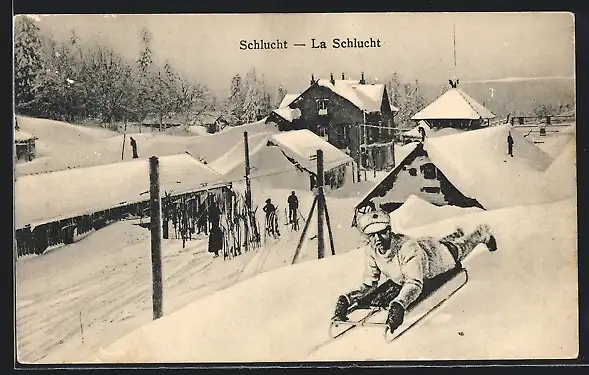 AK Schlucht, Schlittenfahrer auf einem Hügel im Schnee, Sport