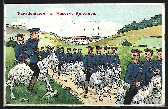 AK Parademarsch in Reserve-Kolonnen, Soldaten reiten auf Ziegenböcken