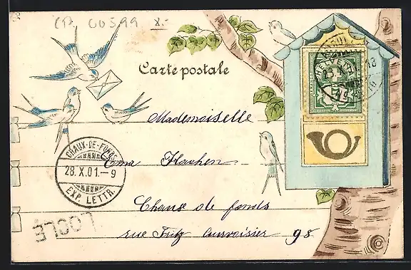 Präge-AK Vögel mit Brief am Postkasten