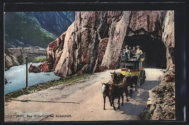 AK Andermatt, Kutsche mit Oberdeck vor dem Urnerloch