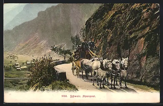 AK Innertkirchen, Schweizer Alpenpost, Postkutsche auf einer Bergstrasse