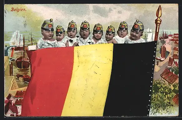 AK Belgien, Kleine Soldaten mit Schirmmütze und Fahne