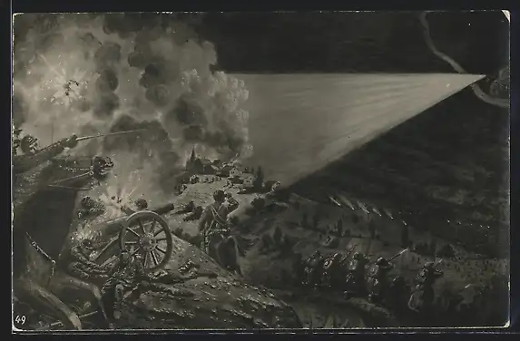 Künstler-AK Bataille de nuit en Haut-Alsace, Août 1914, Soldaten mit Kanone in der Schlacht