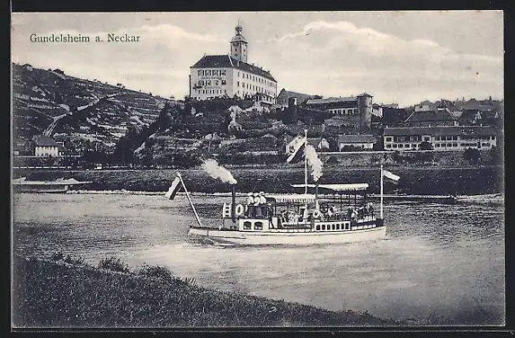 AK Gundelsheim a. Neckar, Uferpartie mit Sanatorium Schloss Hornegg und Dampfboot